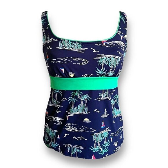 Lands End Womens Navy Blue Tankini Top Sz 8 Underwire Bra Sailboat Island Print - Picture 1 of 5